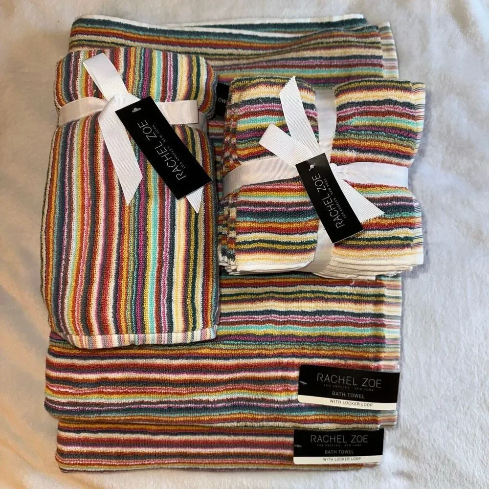Rachel Zoe Multicolor Rainbow Stripe Bath Towels Set of 8 Pieces Total - NWT